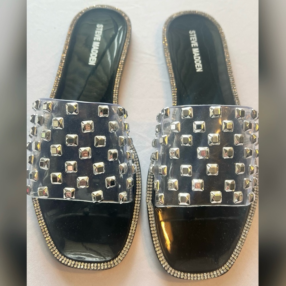 NWOT-Steve Madden Jynn Clear Black Studded Rhinestone Slide jelly Sandals Size 8